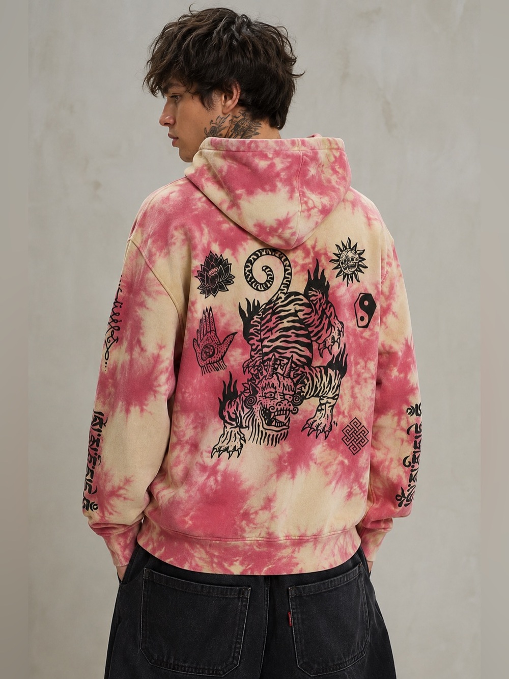 Lurking Class Tie Dye Graphic Hoodie Tiger Back Print Fleece Pullover XL Grunge